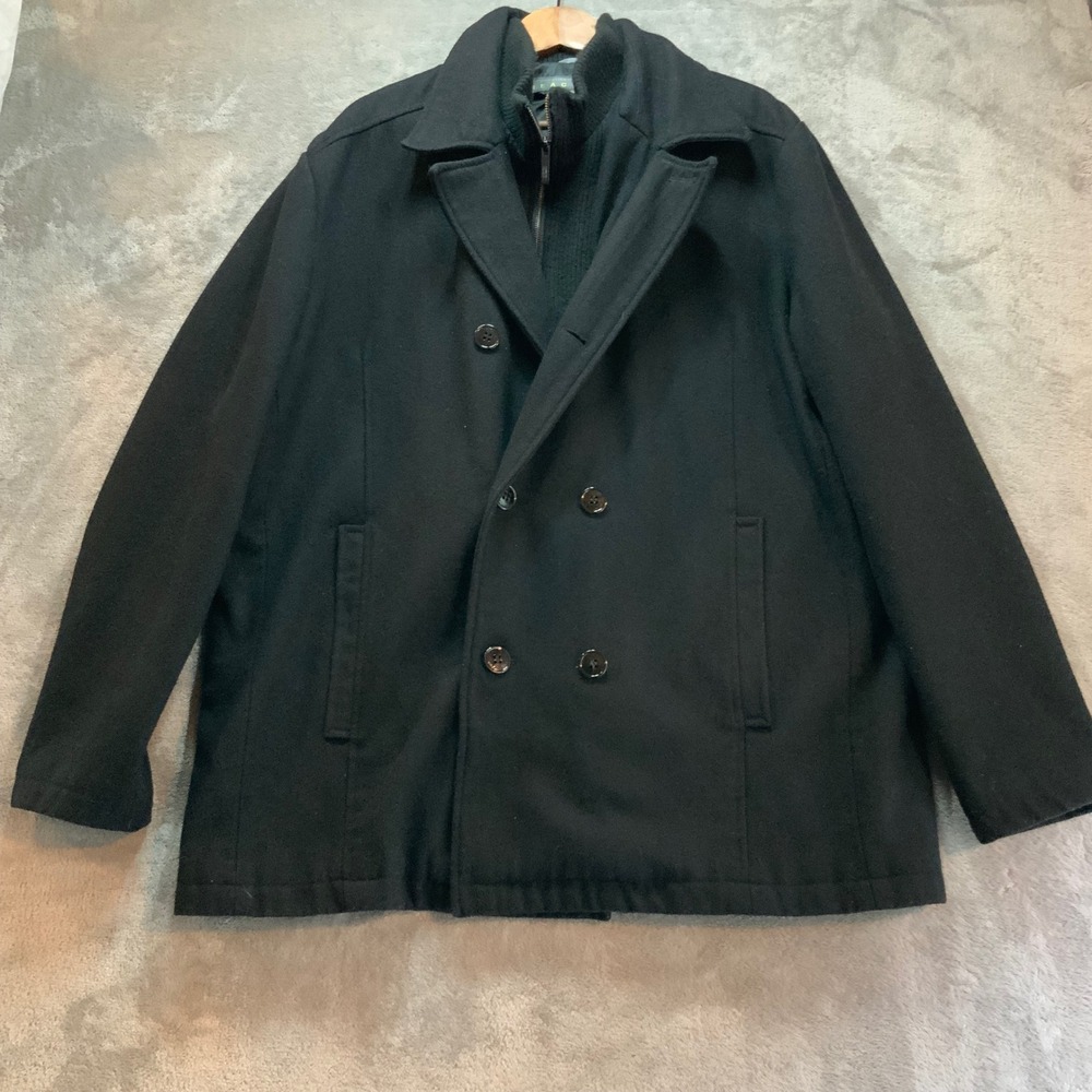 Kenneth Cole Reaction Mens Black Wool Blend Peacoat Jacket with Knit Bib XXL